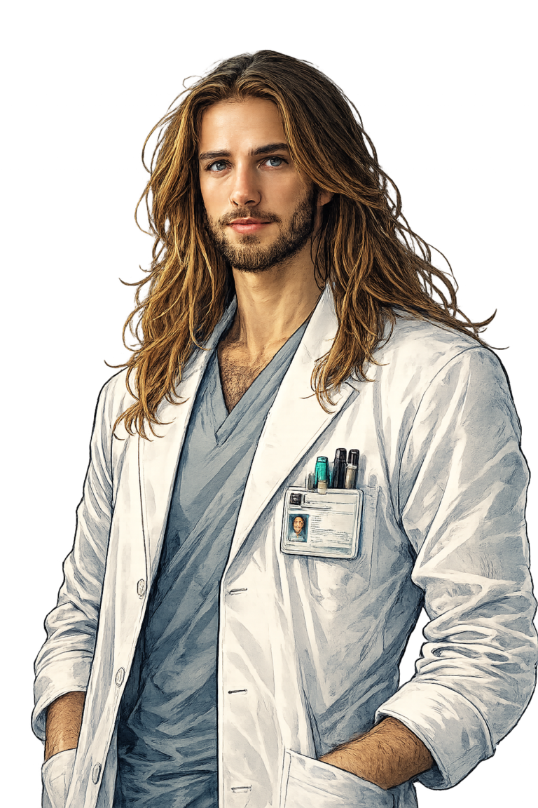 Young caucasian doctor with long hair, in a lab coat.