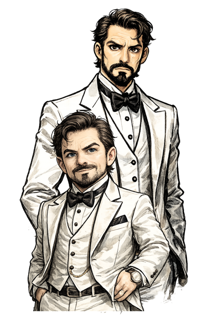 A tall man and his male assistant of shorter stature in white tuxedoes