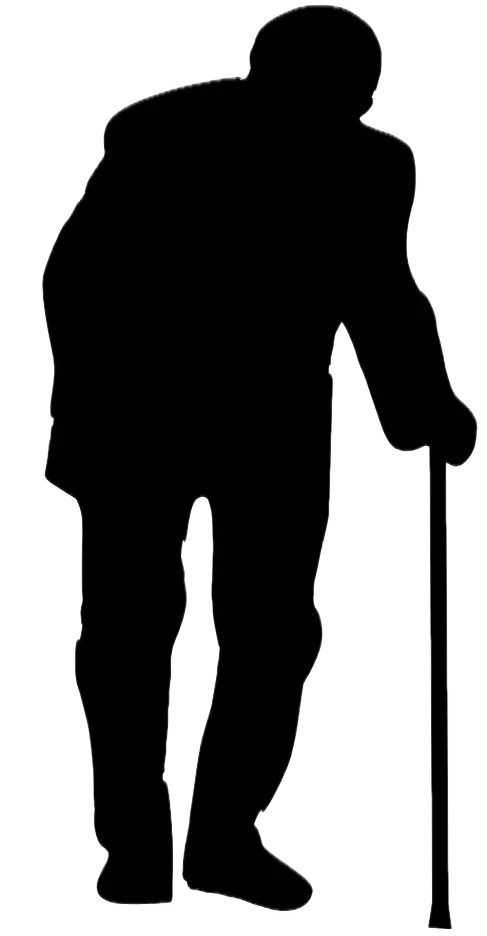 Illustrated silhouette of old man with cane.